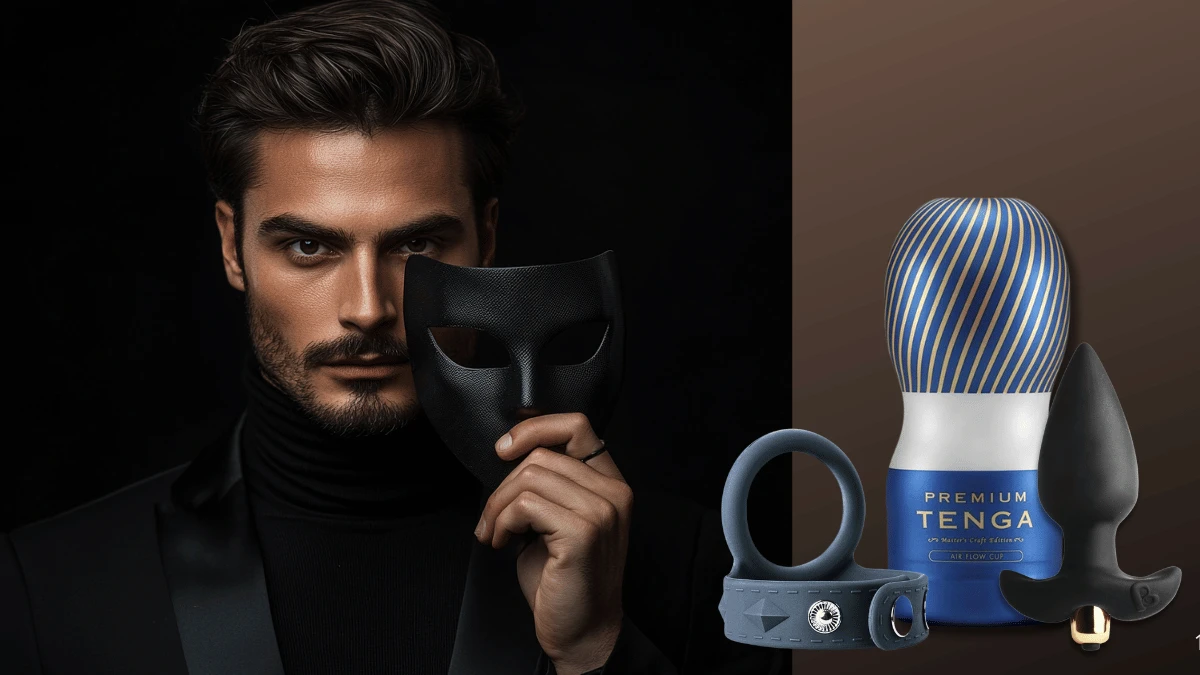 чоловічий мастурбатор, ерекційне кільце та анальна вібропробка на фоні обличчя чоловіка з маскою в руці