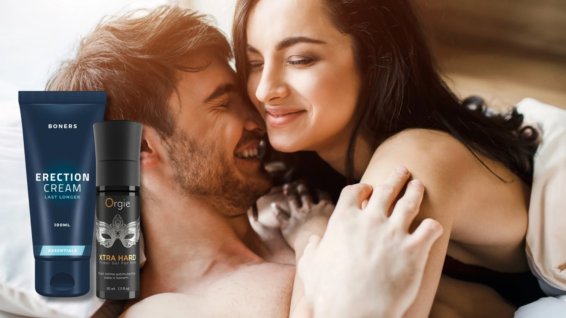 стимуляторы для члена Boners и Orgie на фоне обнимающейся пары в постели