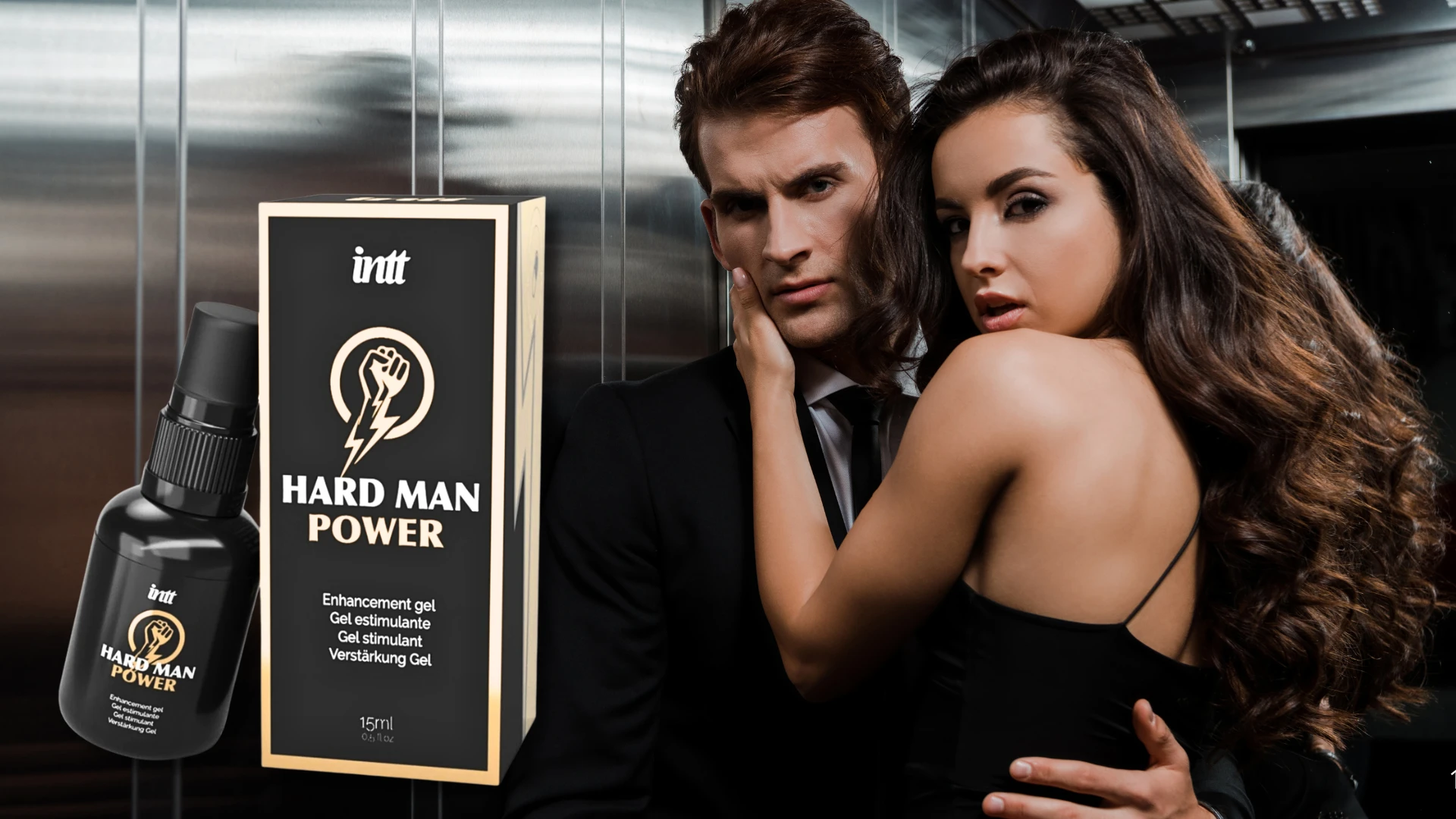 Intt Hard power man мужское средство для повышения эрекции на фоне сексуальной пары в лифте