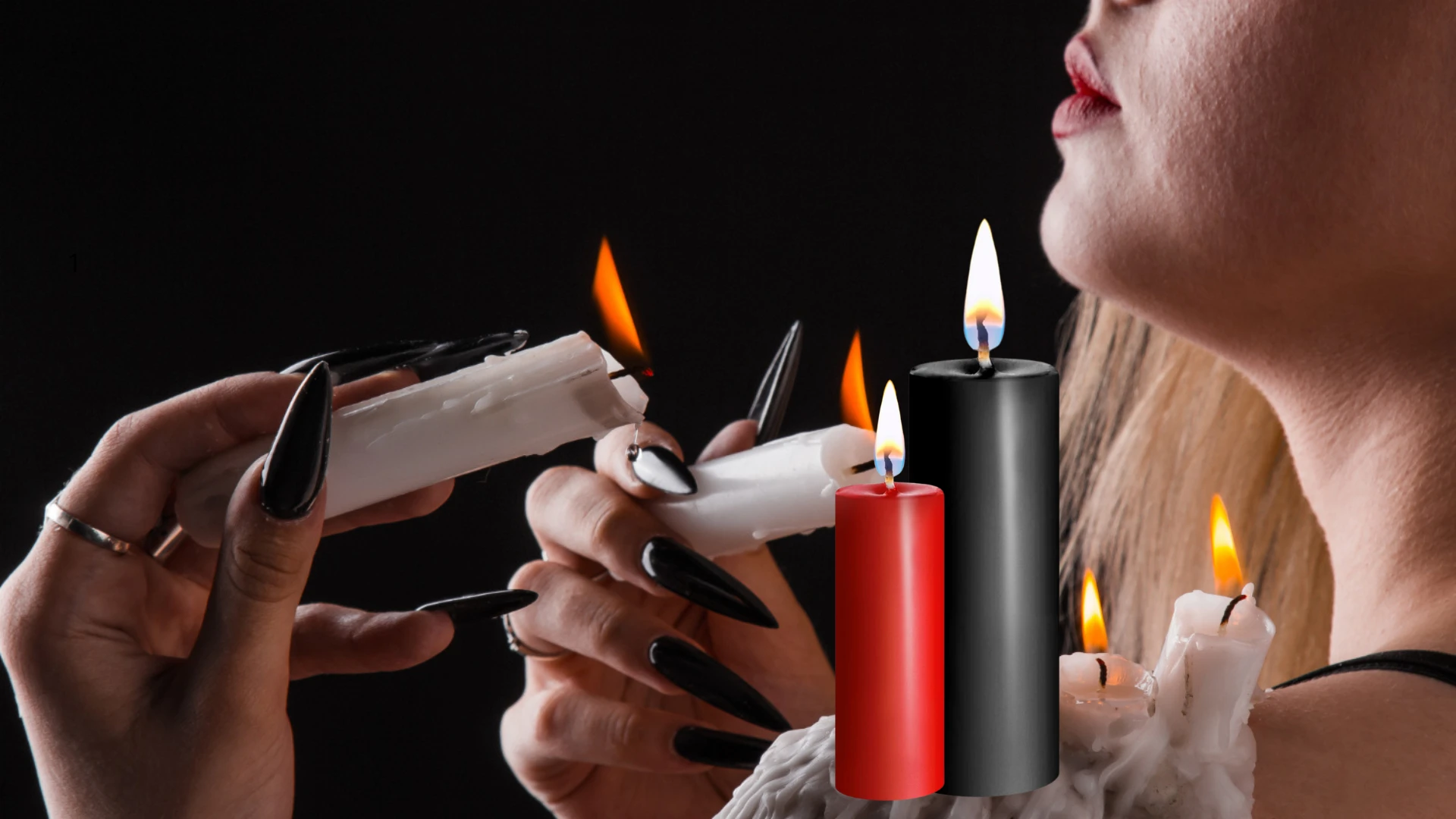 на фото зображені свічки для БДСМ з вогнем в жіночих руках