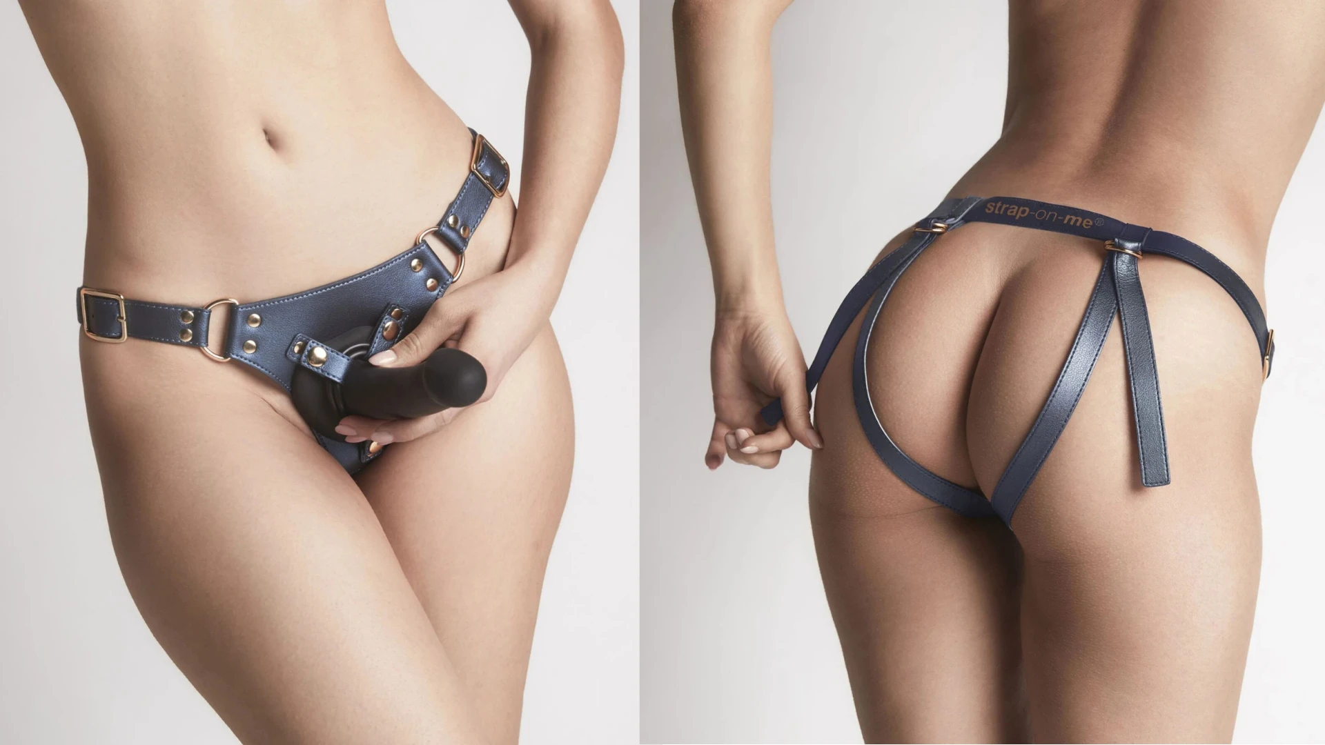 на фото изображен пояс для страпона кожаный на голом женском теле спереди и сзади