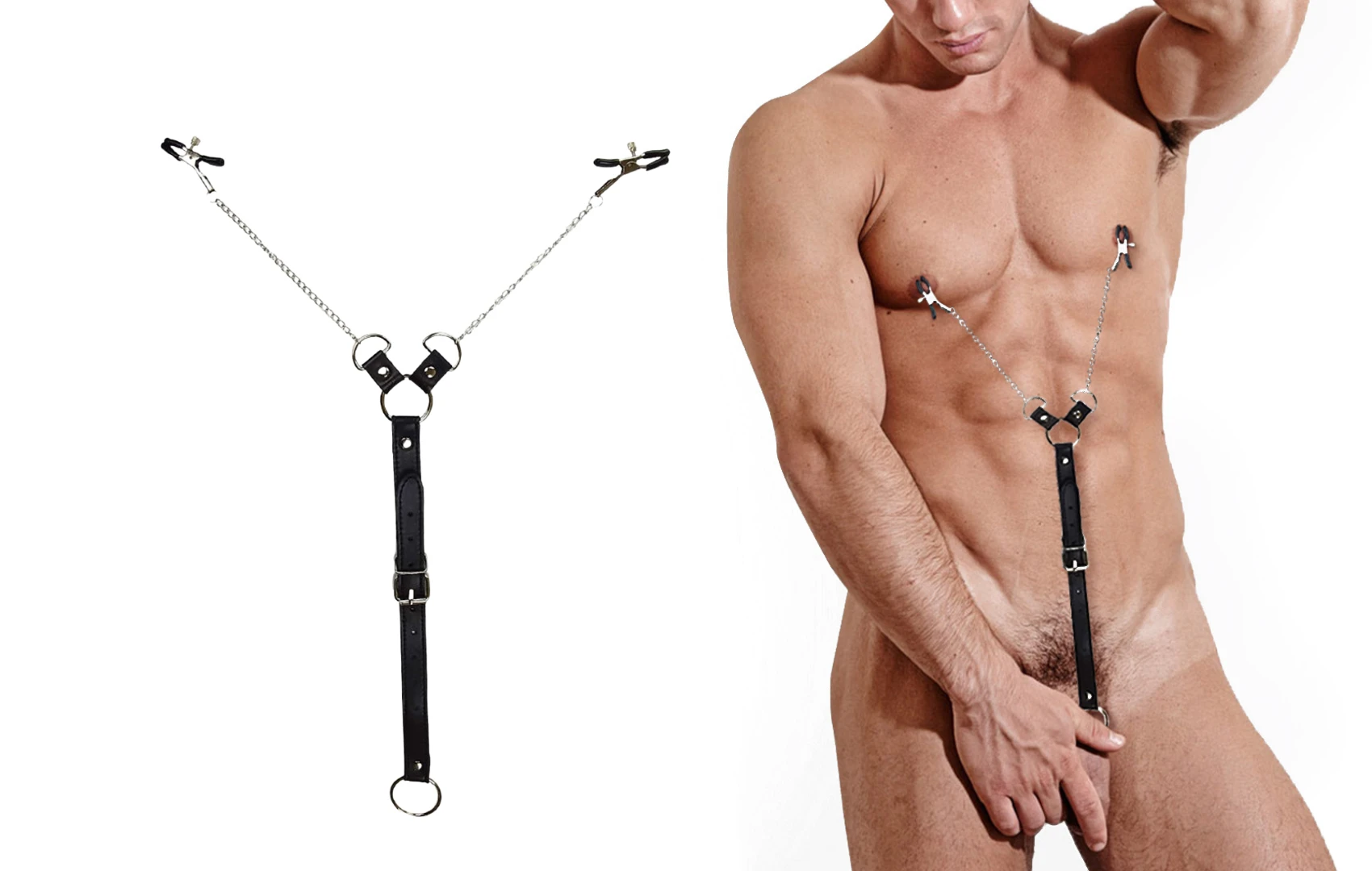 на белом фоне изображен обнаженный мужской торс с зажимами на соски