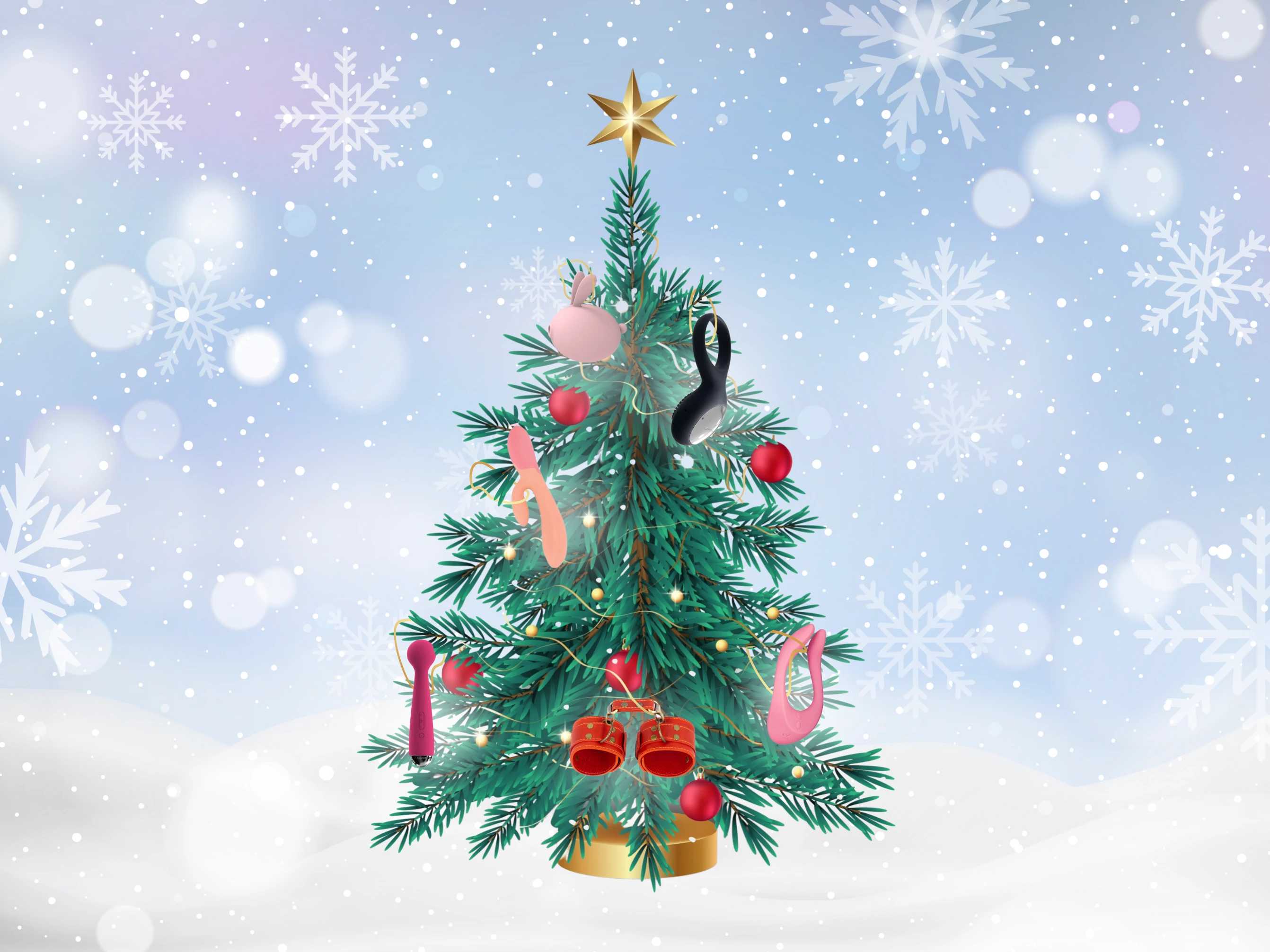 нарисована новогодняя елка и рождественские подарки из секс-шопа