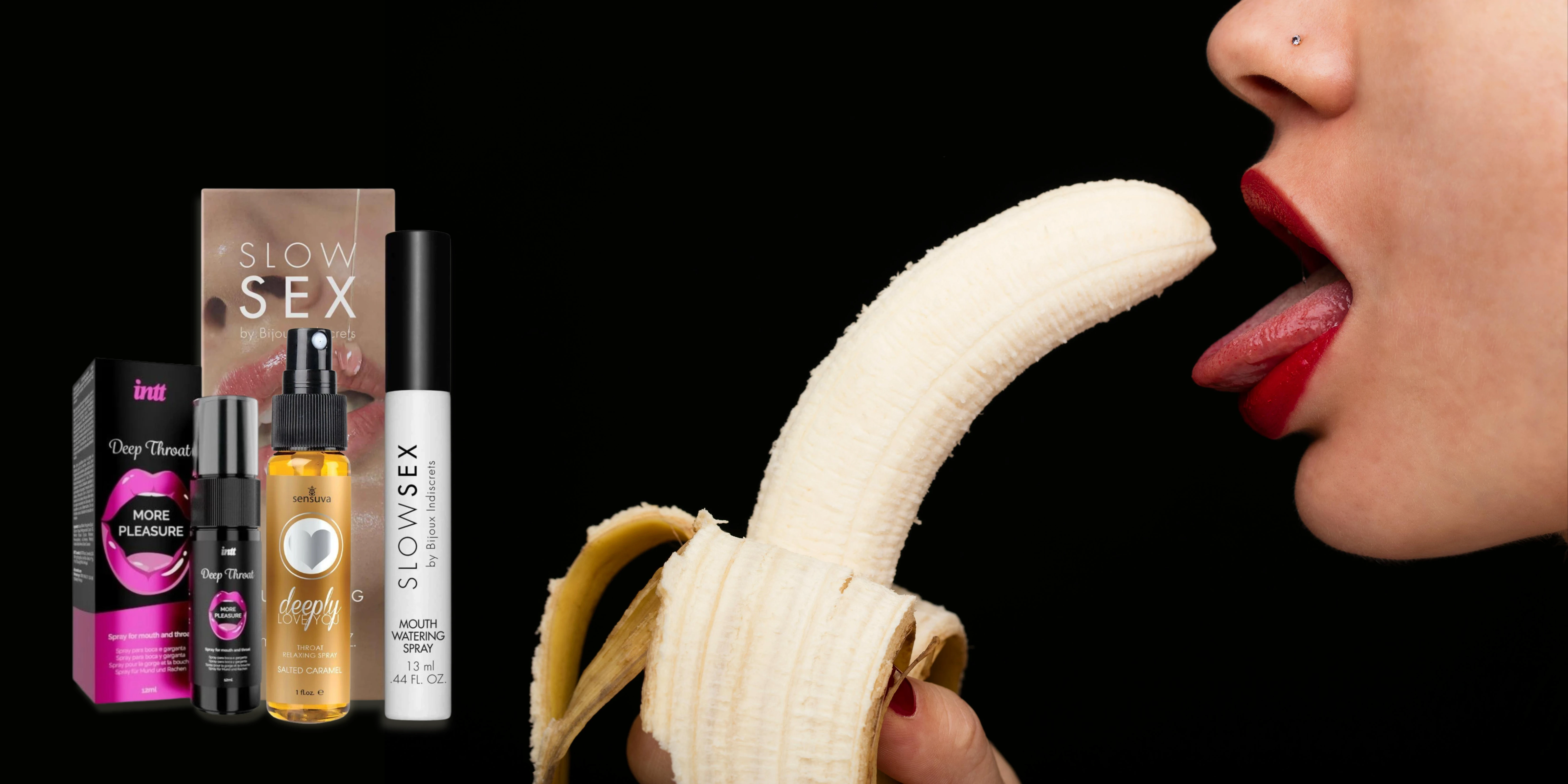 на фото изображено лицо женщины с открытым ртом, банан и спреи для гоубокого миннета