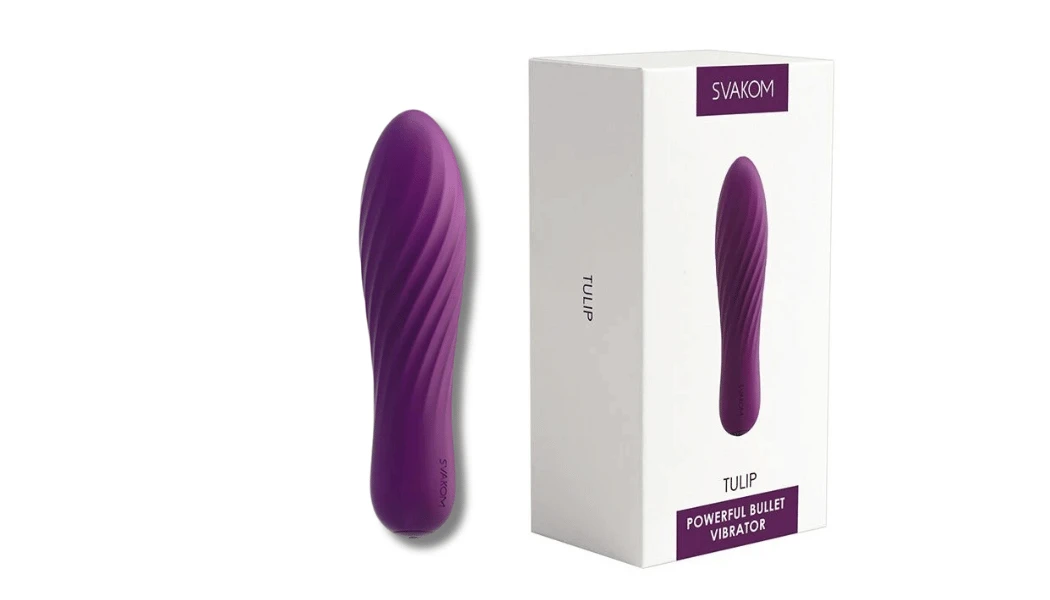 на фото ображено віброкуля фіолетову Svakom Tulip для жінок, з коробкою