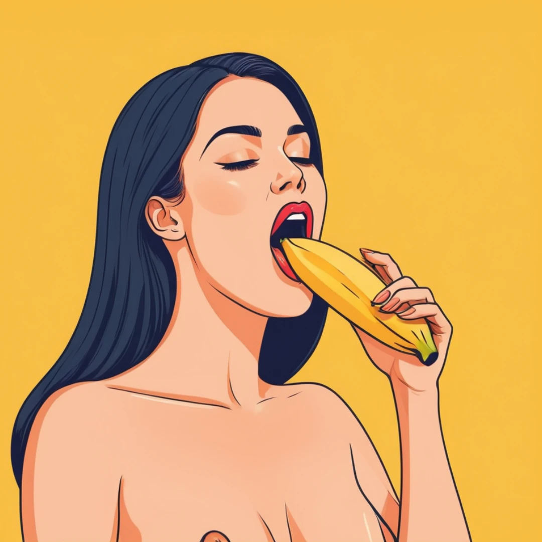 Фингеринг - и минет нарисованная обнаженная девушка брюнетка, засовывающая в рот банан