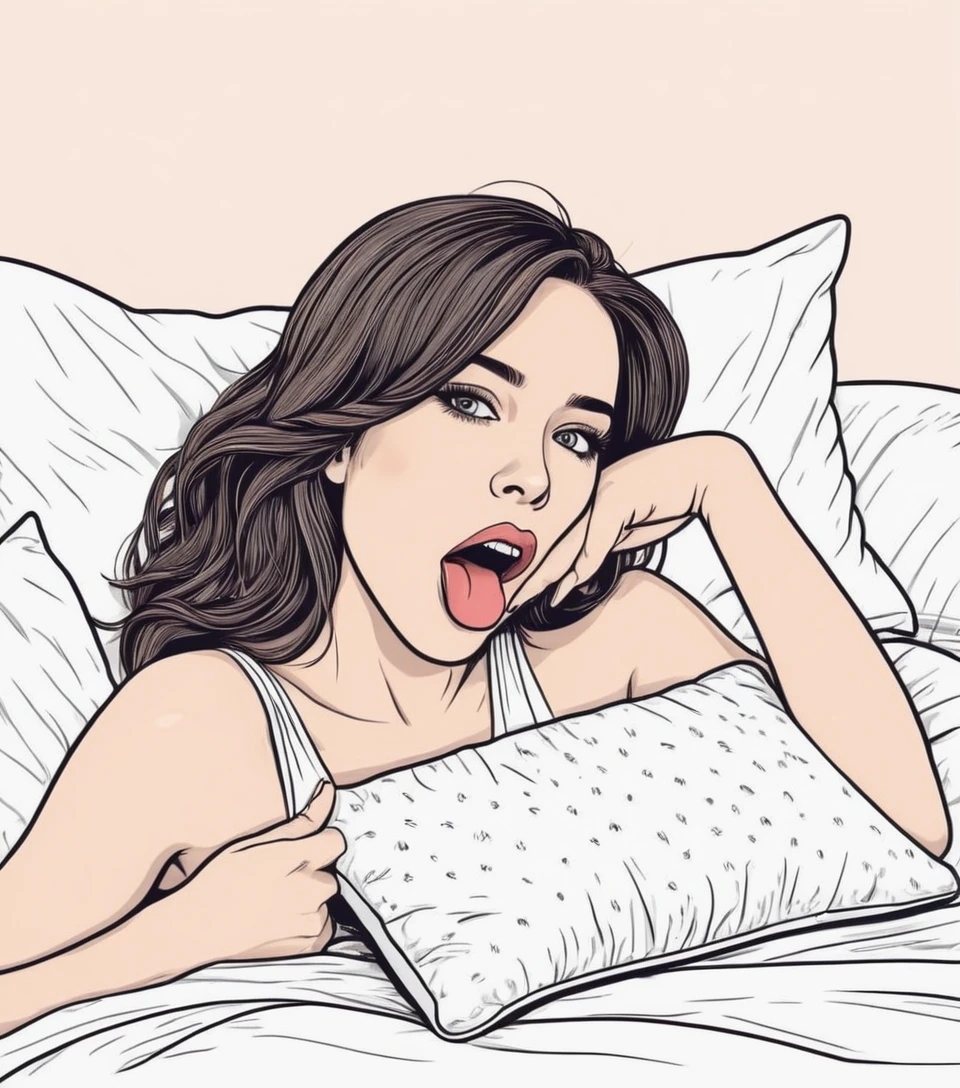 Дівчина лежить на подушці з відкритим ротом