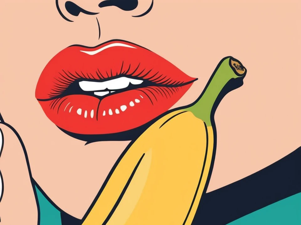 Зображені намальовані жіночі Губи та банан - техніка мінету