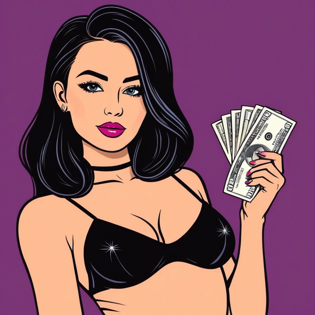 на малюнку зображена красива дівчина з долларами у руках з OnlyFans 
