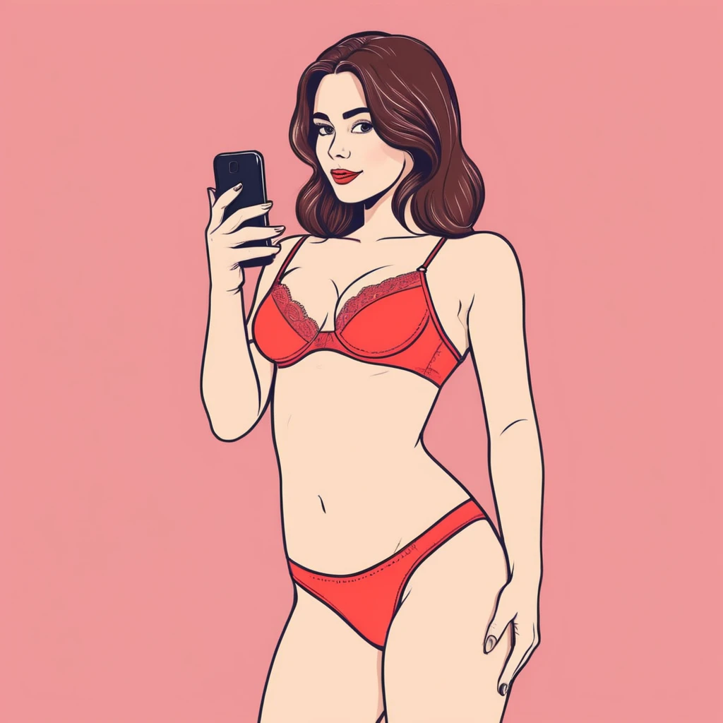 на малюнці зображена дівчина з OnlyFans в червоній білизні з телефоном в руках