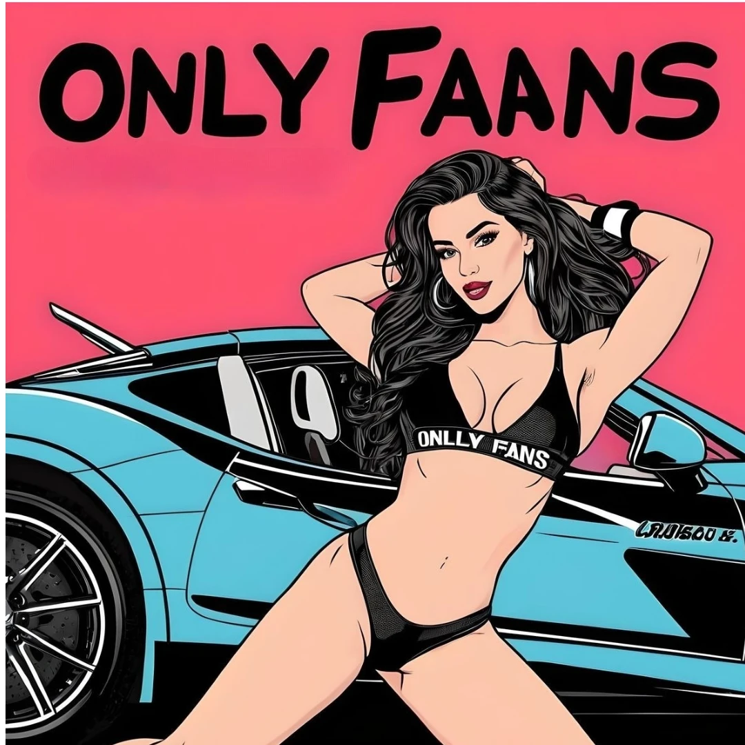 на малюнці зображена красива дівчина поряд з авто в білизні OnlyFans