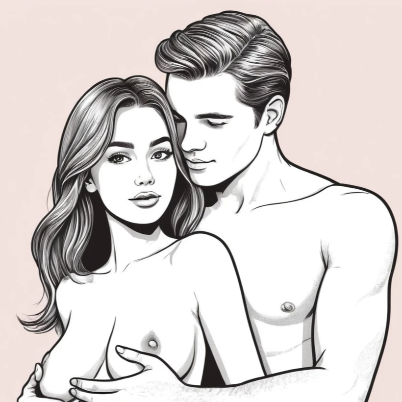 Перший секс - чоловік тримає дівчину за груди