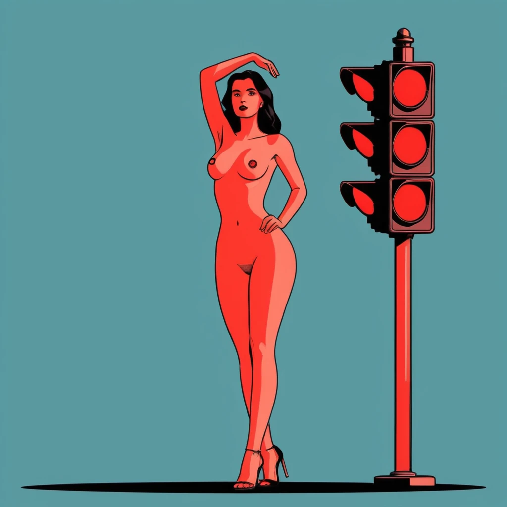 Дівчина в червоному стоїть біля червоного світлофора