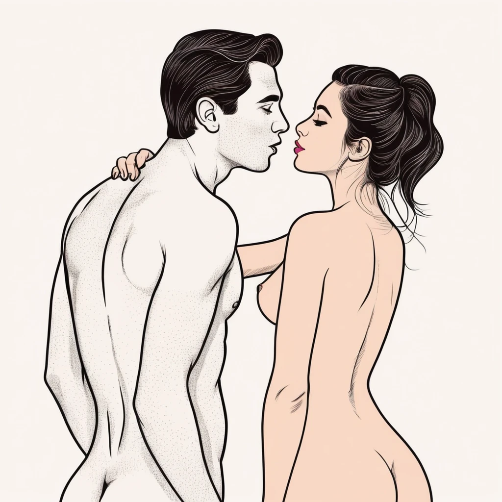 малюнок голого чоловіка та жінки, які намагаються поцілуватись