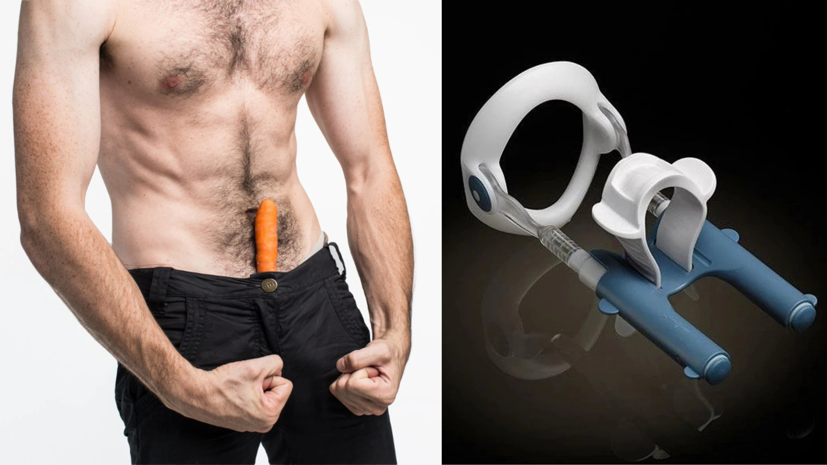 на фото изображен экстендер для члена и мужчина с голым торсом