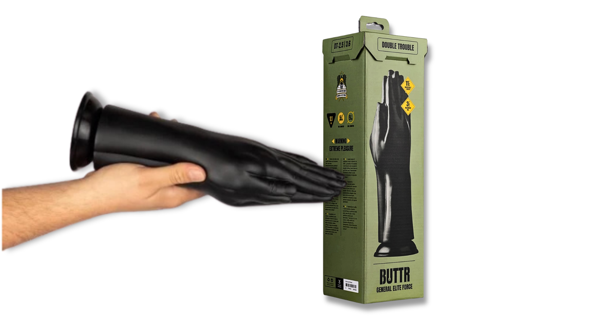 на фото изображена изрушка для фистинга большая анальная черного цвета с упаковочной коробкой